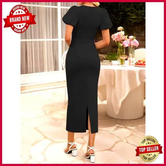 Bodycon Midi Dress Elegant Formal Cocktail Party Wedding Guest Retro Puff - Picture 6 of 7